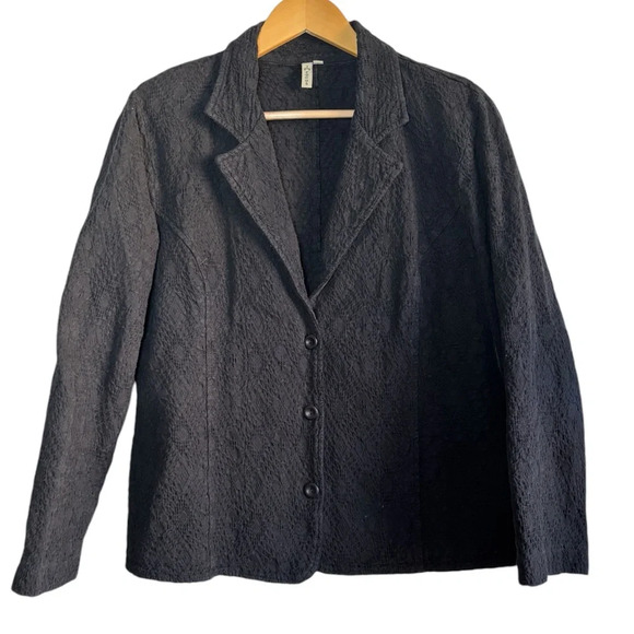 FOCUS Waffle Knit Collared Long Sleeve Jacket Blazer sz Large Black Artsy Cotton - Picture 1 of 9